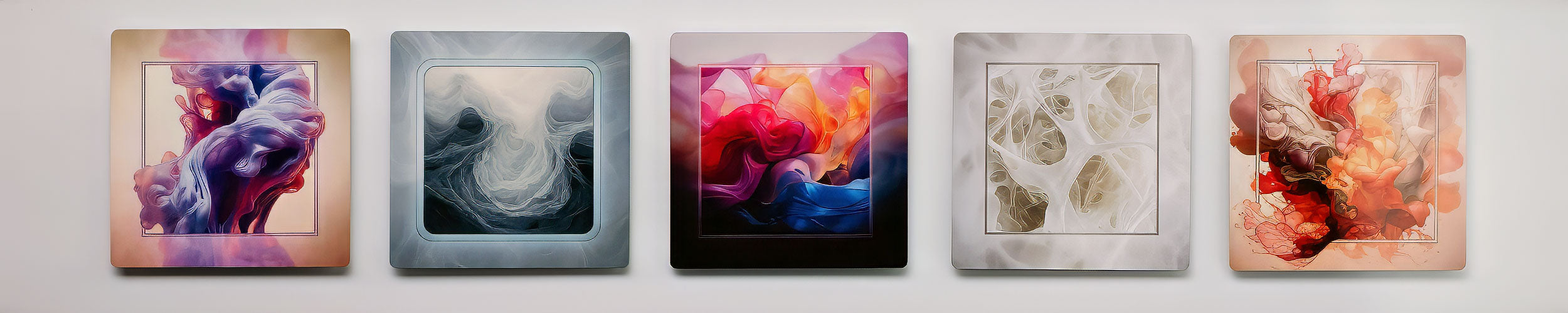 Five abstract magnets in a row, some colorful and some subdued.